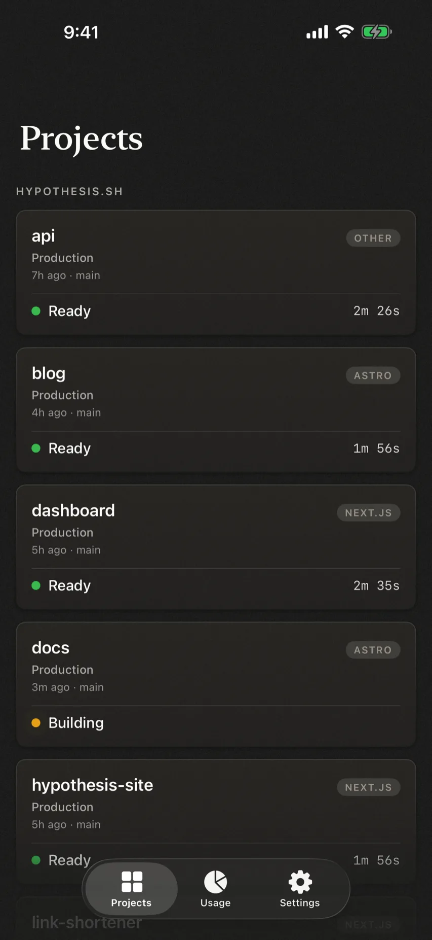 Scalene on iPhone, listing projects with their deployment status